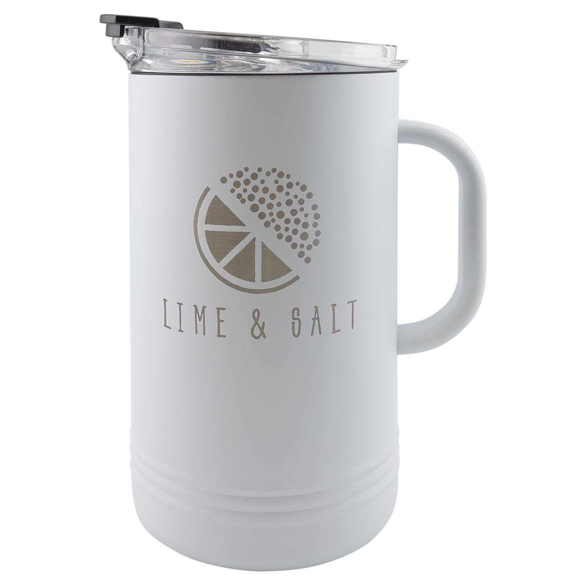 Engraved white insulated pitcher, handle side