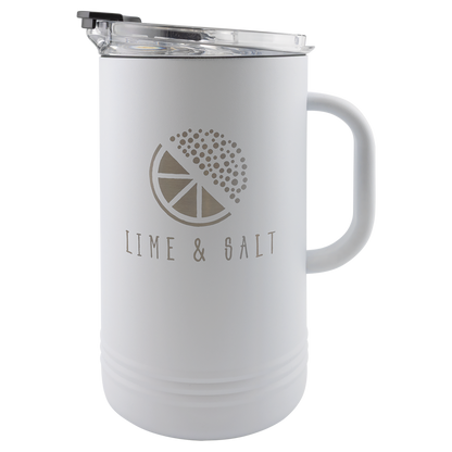 Engraved white insulated pitcher, handle side