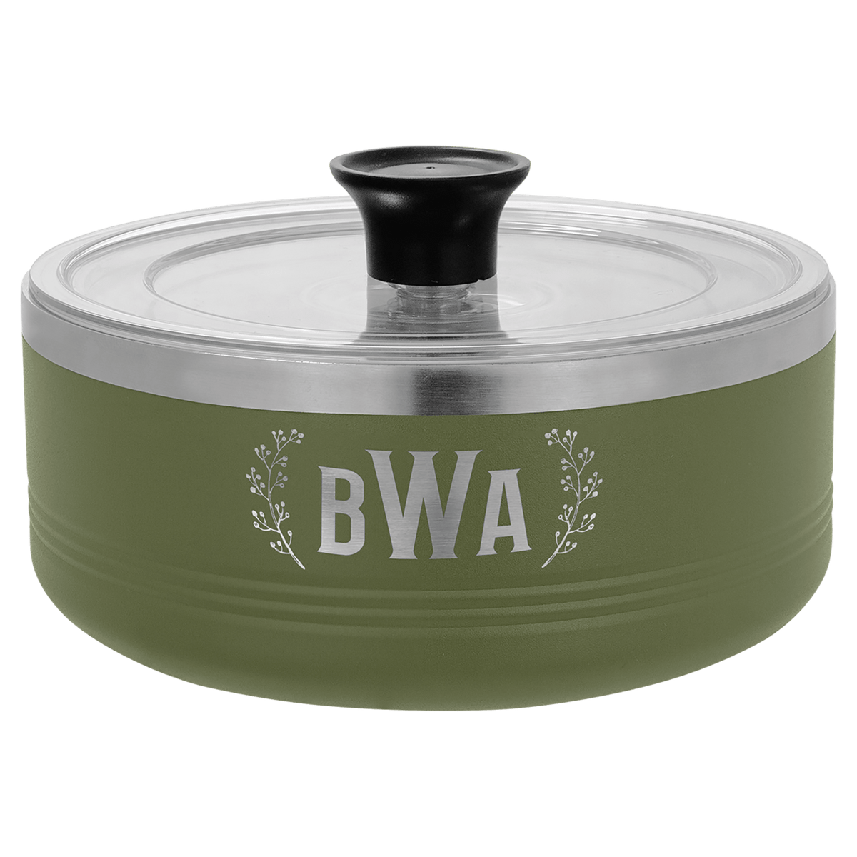 Personalized 1.25 qt. insulated serving bowl with lid in olive green