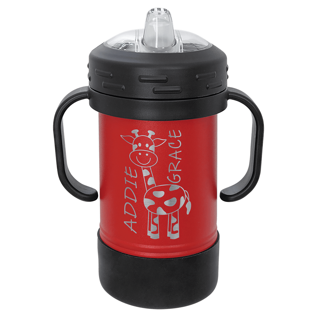 Personalized 10 oz insulated sippy cup with handles in red