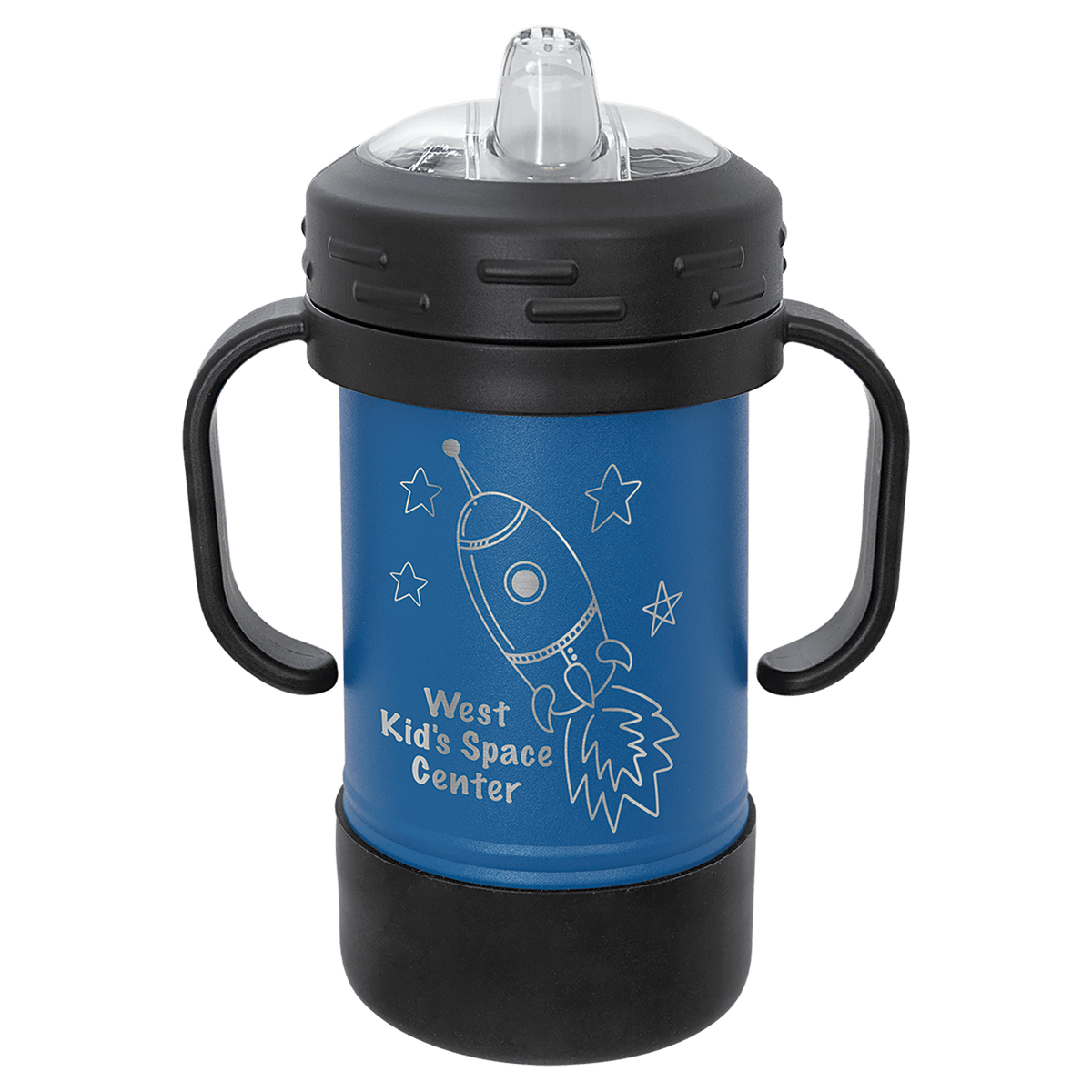 Personalized 10 oz insulated sippy cup with handles in royal blue