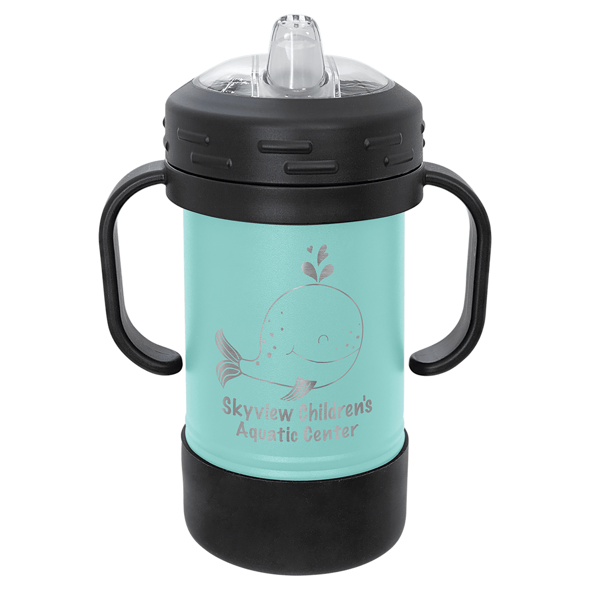 Personalized 10 oz insulated sippy cup with handles in teal