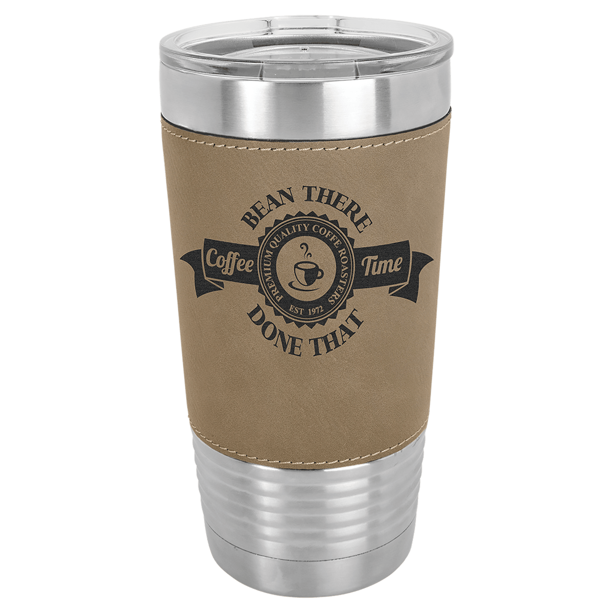 Personalized 20 oz leatherette wrapped tumbler in light brown
