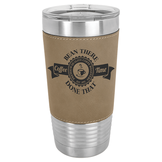 Personalized 20 oz leatherette wrapped tumbler in light brown