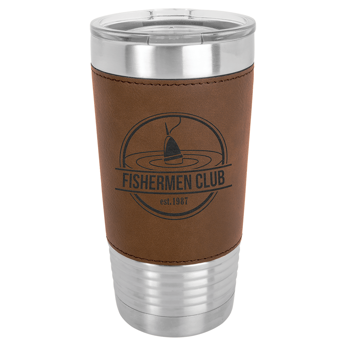 Personalized 20 oz leatherette wrapped tumbler in dark brown