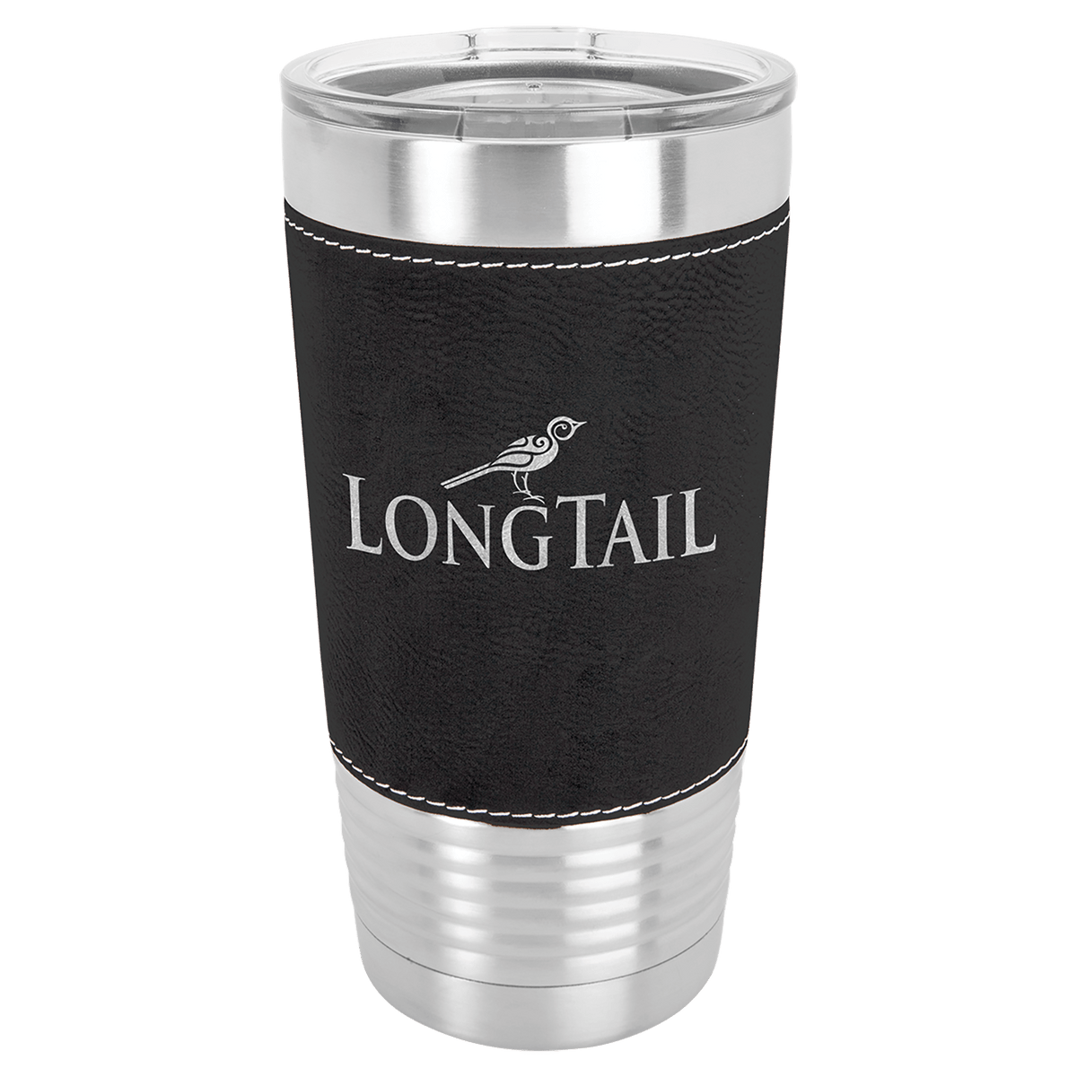 Personalized 20 oz leatherette wrapped tumbler in black/silver