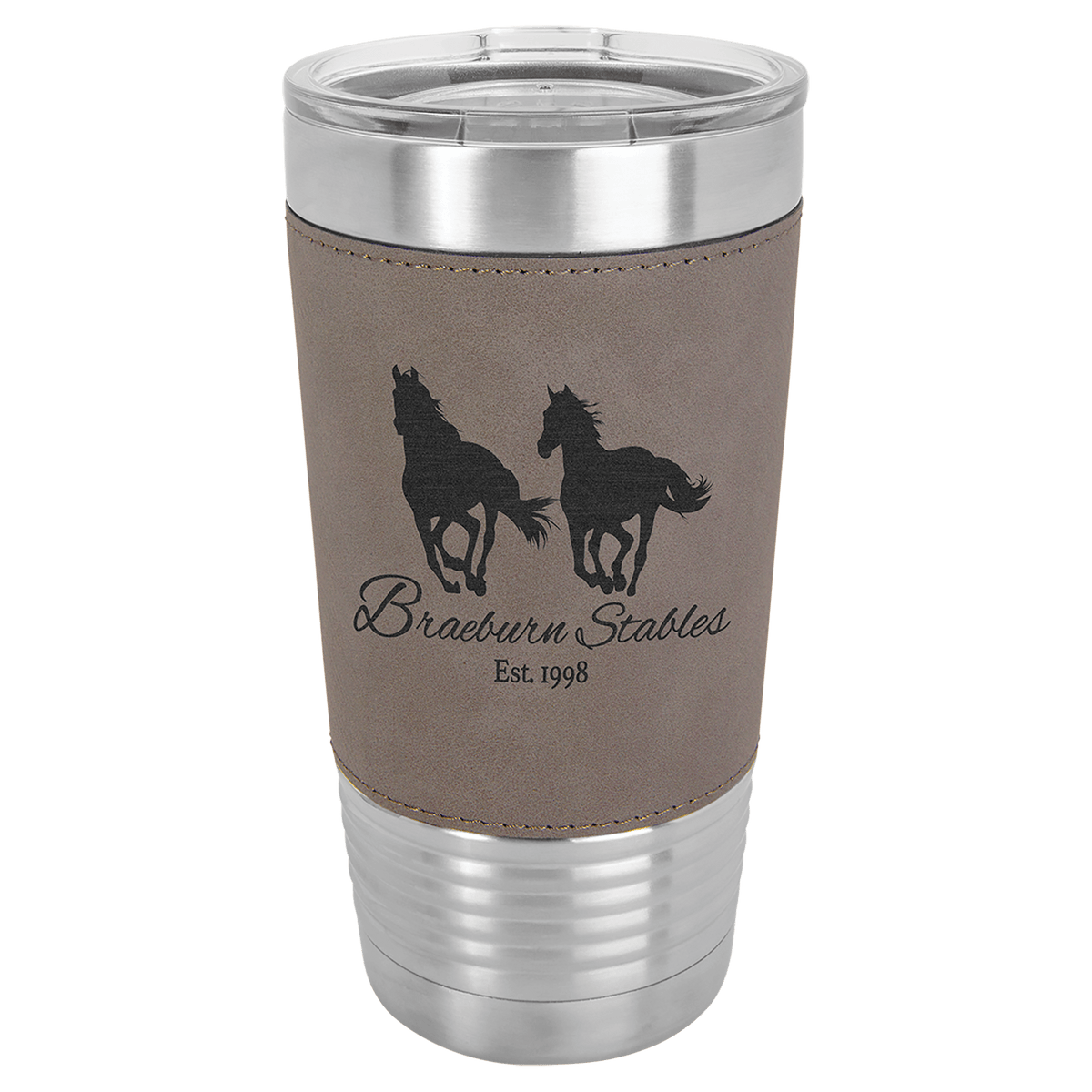 Personalized 20 oz leatherette wrapped tumbler in gray