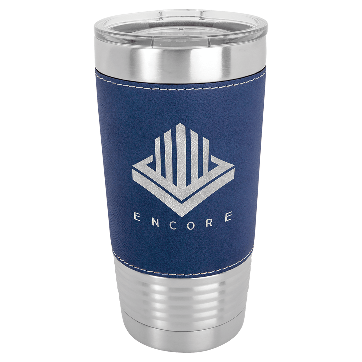 Personalized 20 oz leatherette wrapped tumbler in blue/silver