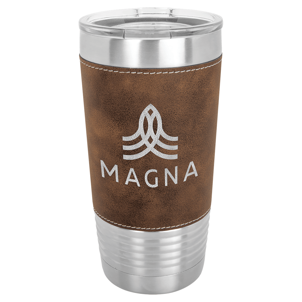 Personalized 20 oz leatherette wrapped tumbler in rustic/silver