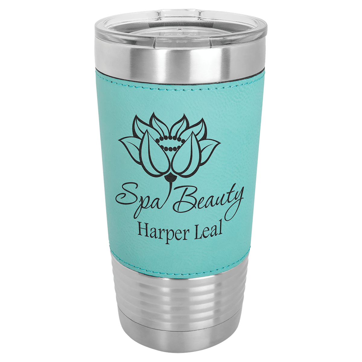 Personalized 20 oz leatherette wrapped tumbler in teal