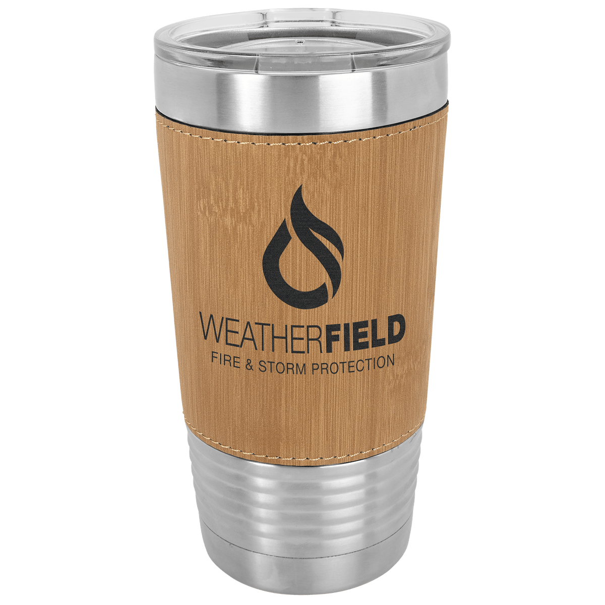 Personalized 20 oz leatherette wrapped tumbler in bamboo
