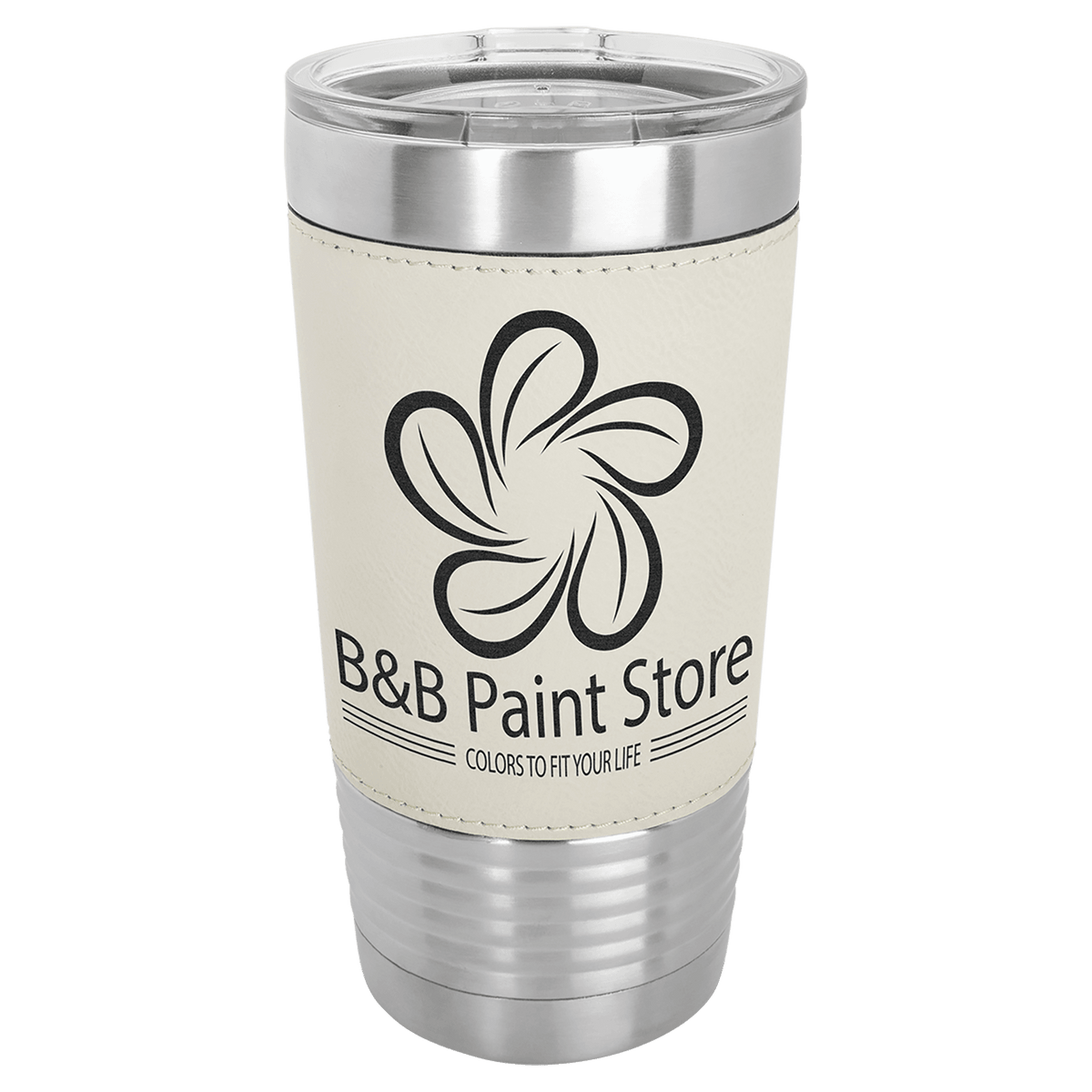 Personalized 20 oz leatherette wrapped tumbler, white with black wrap