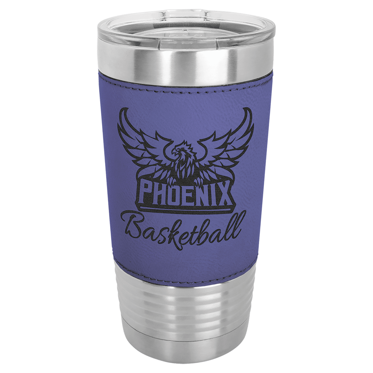 Personalized 20 oz leatherette wrapped tumbler, purple with black wrap
