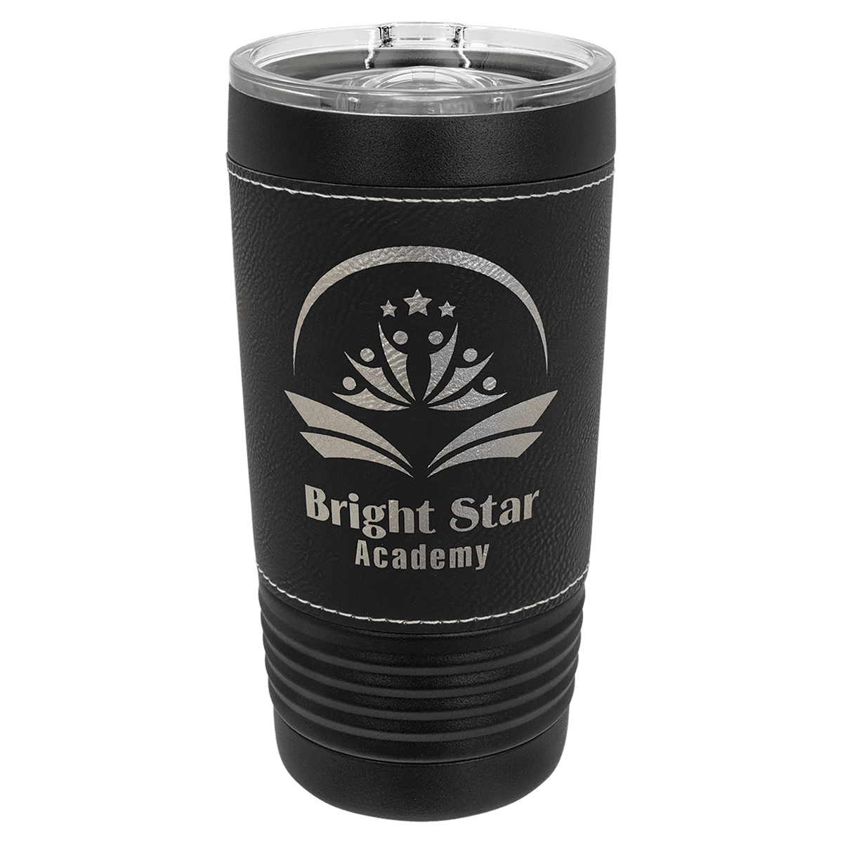 Personalized black 20 oz tumbler with black and silver leatherette wrap