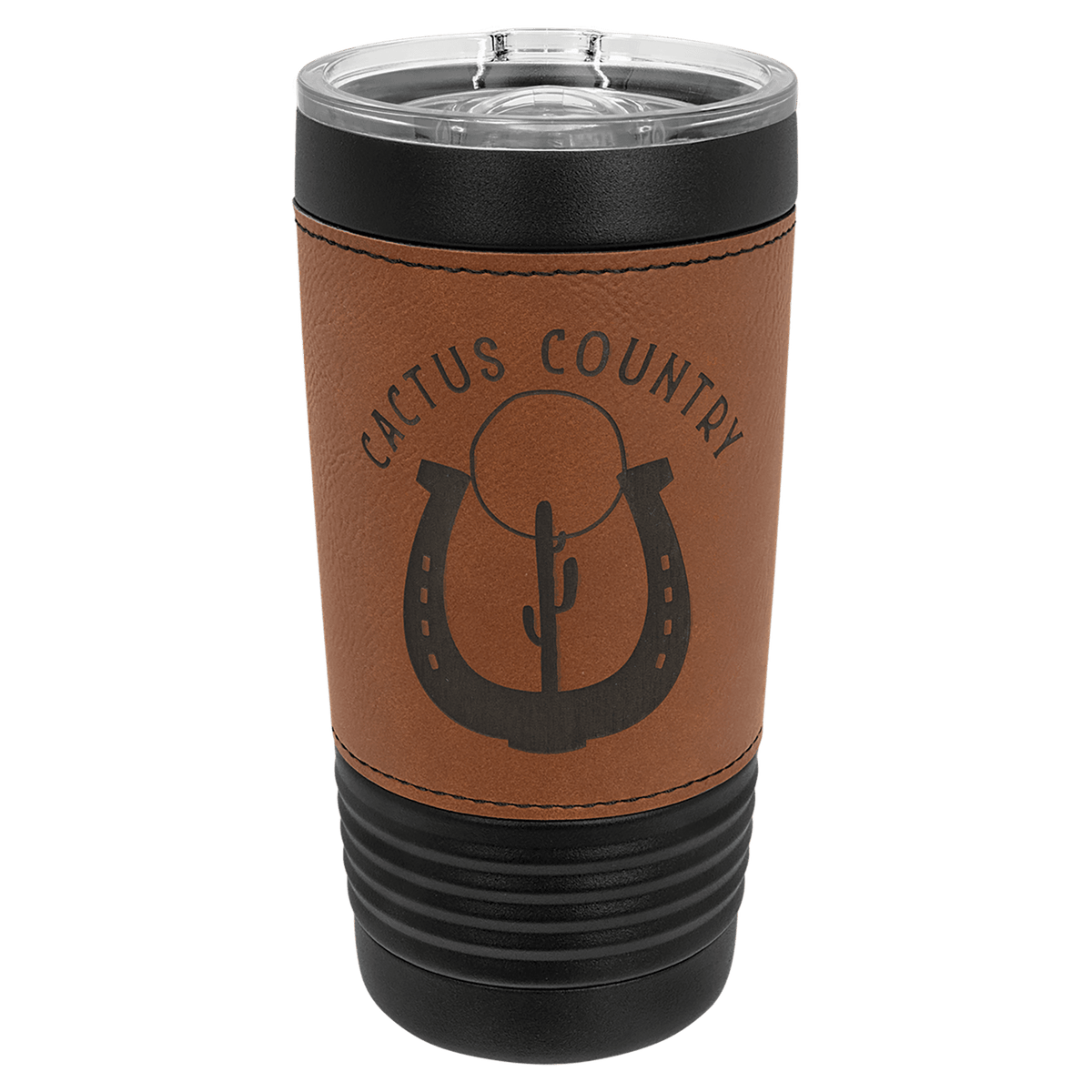 Personalized black 20 oz tumbler with rawhide leatherette wrap