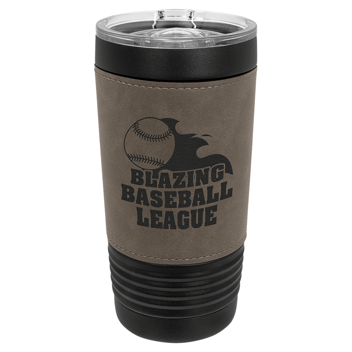Personalized black 20 oz tumbler with gray leatherette wrap