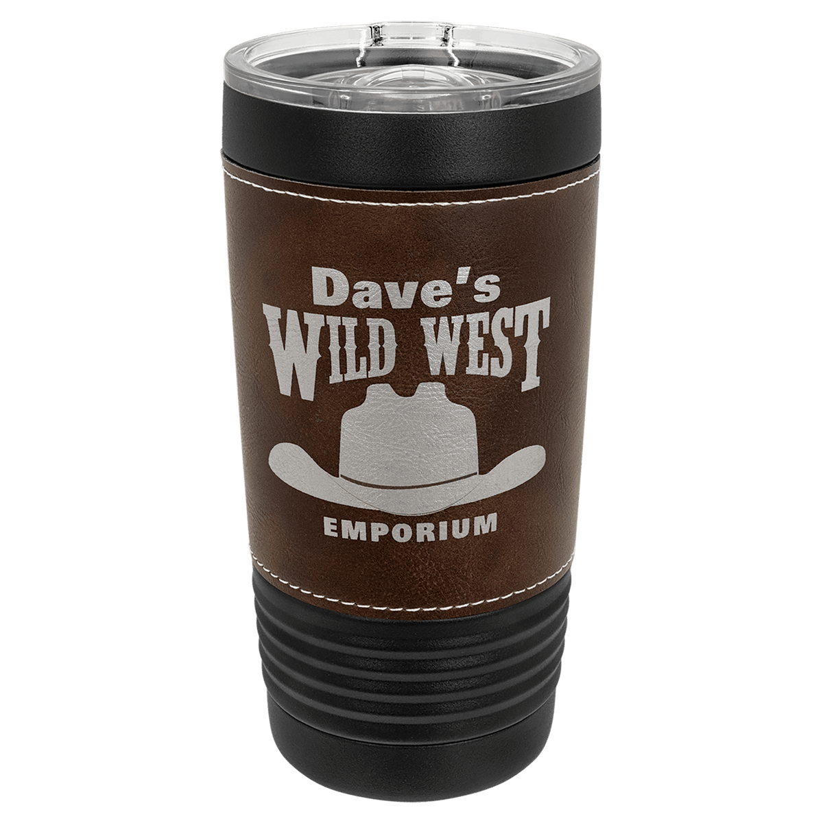 Personalized black 20 oz tumbler with rustic leatherette wrap