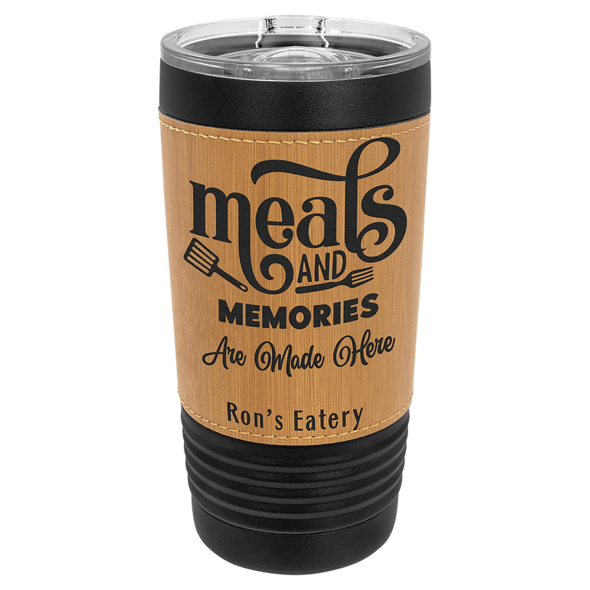 Personalized black 20 oz tumbler with bamboo leatherette wrap