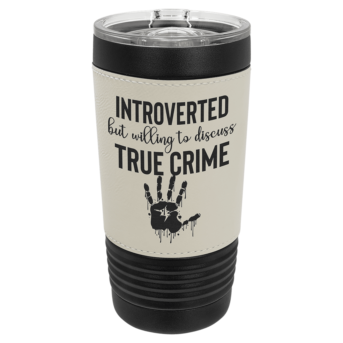 Personalized black 20 oz tumbler with white and black leatherette wrap