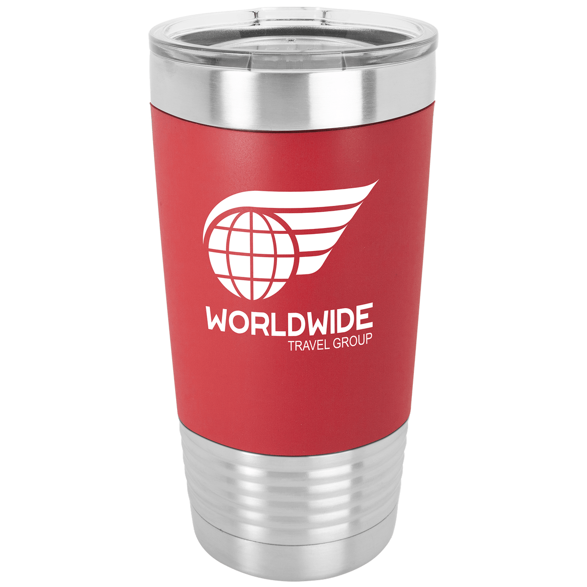 Personalized 20 oz insulated tumbler with silicone grip in red/white