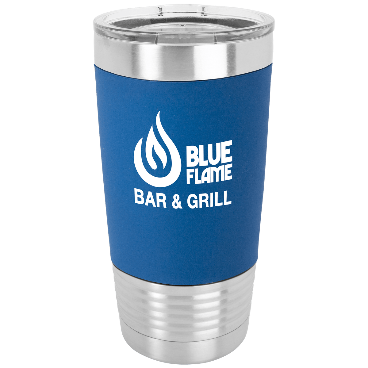 Personalized 20 oz insulated tumbler with silicone grip in blue/white