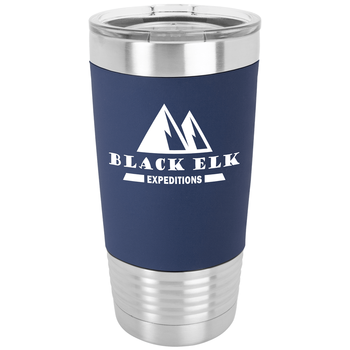 Personalized 20 oz insulated tumbler with silicone grip in navy blue/white