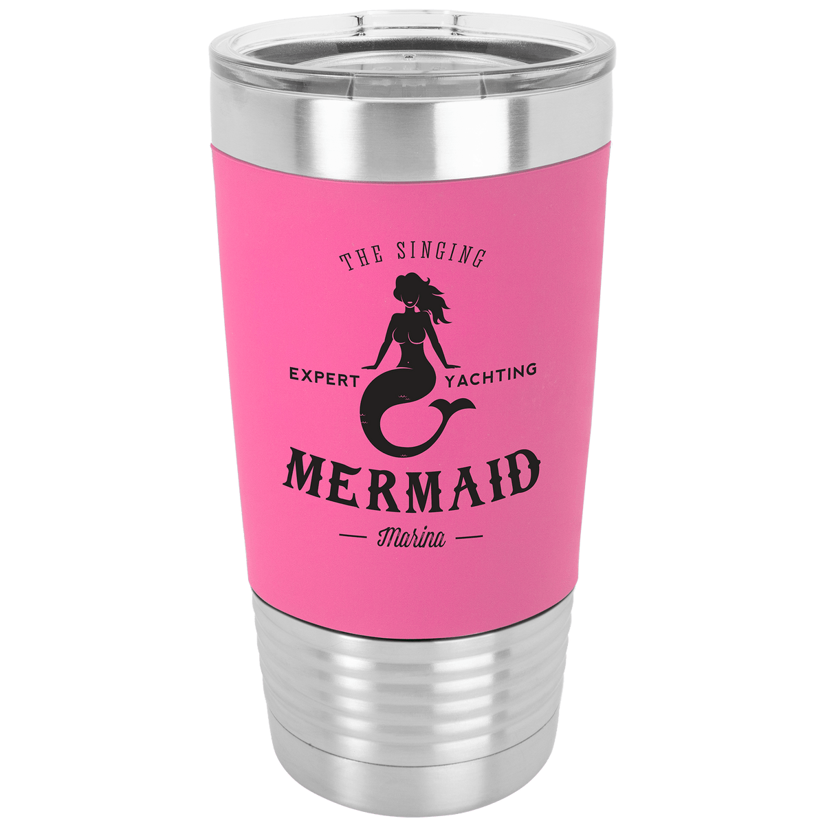 Personalized 20 oz insulated tumbler with silicone grip in pink/black