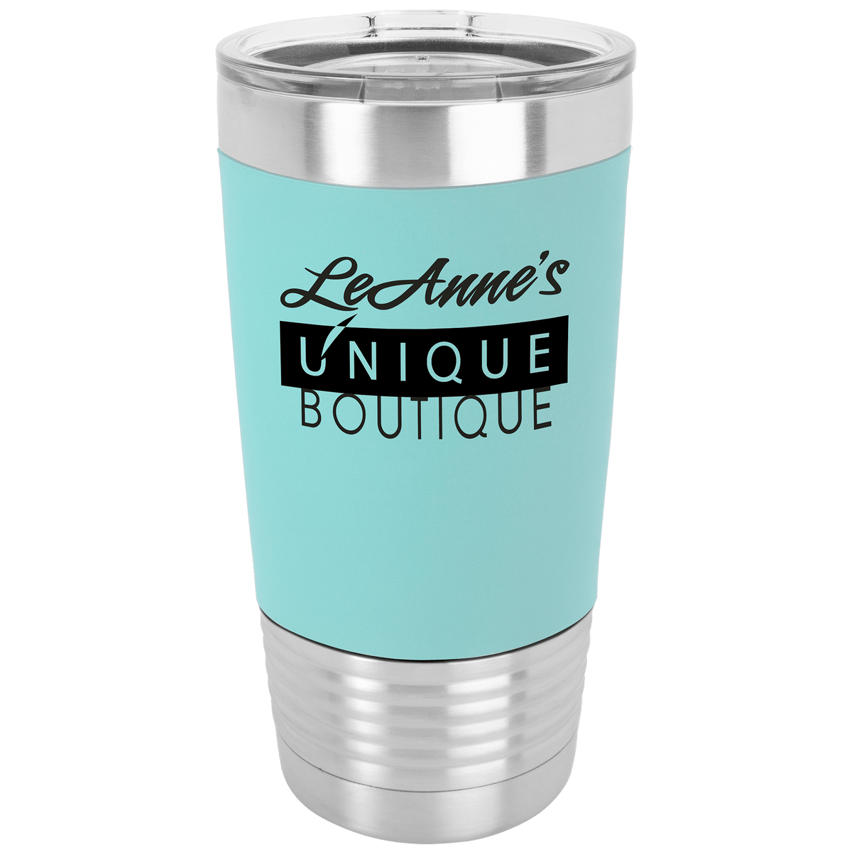 Personalized 20 oz insulated tumbler with silicone grip in teal/black