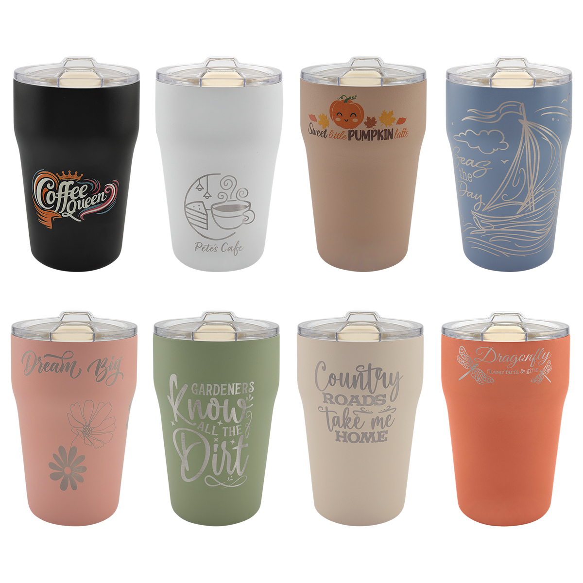 13 oz stackable tumblers with slider lids in black, white, clay, dusty blue, dusty rose, sage, sand and terracotta