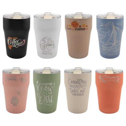 13 oz stackable tumblers with slider lids in black, white, clay, dusty blue, dusty rose, sage, sand and terracotta
