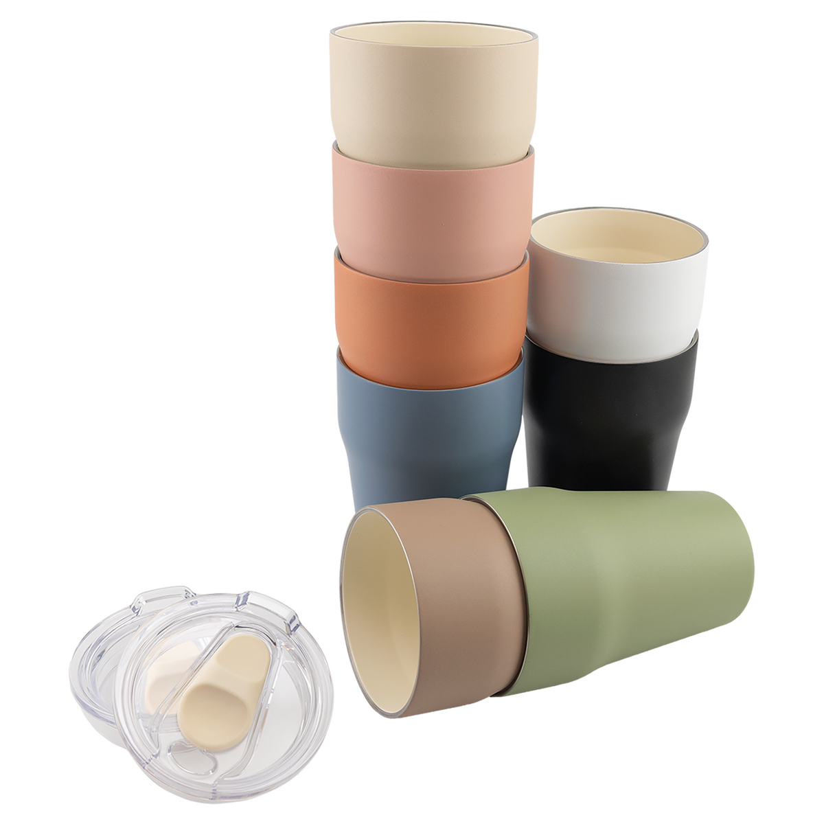 Personalized 13 oz stackable ceramic-lined tumblers stacked in eight colors