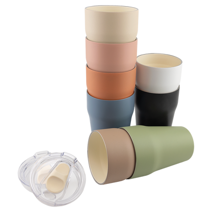Personalized 13 oz stackable ceramic-lined tumblers stacked in eight colors