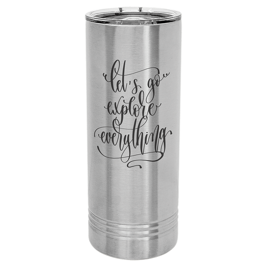 Personalized 22 oz insulated skinny tumbler with slider lid in stainless steel