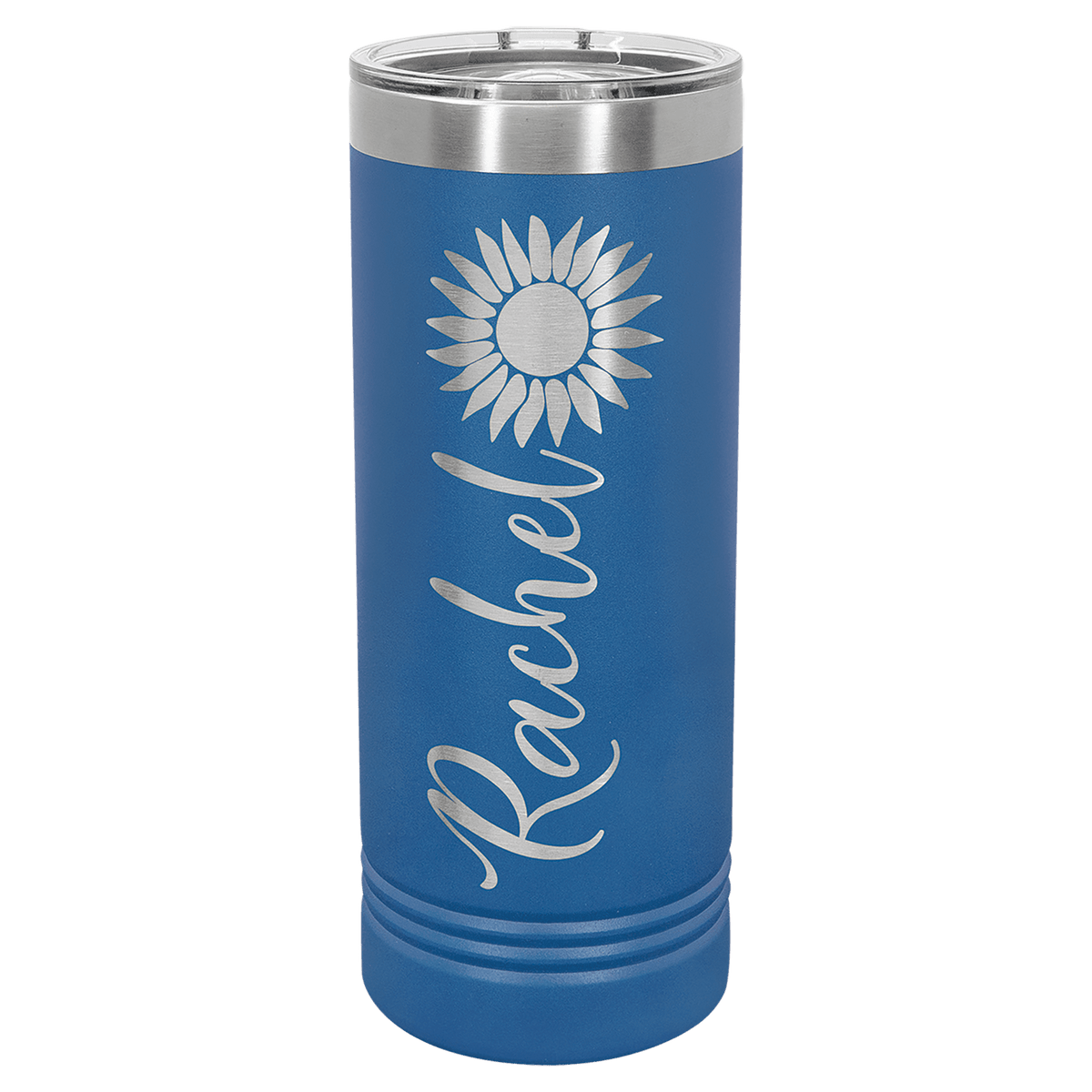 Personalized 22 oz insulated skinny tumbler with slider lid in royal blue