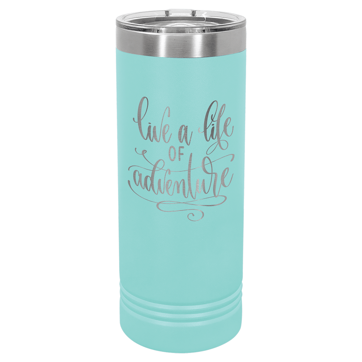 Personalized 22 oz insulated skinny tumbler with slider lid in teal