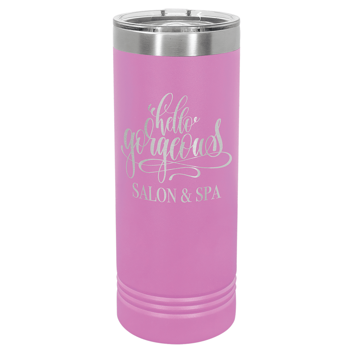 Personalized 22 oz insulated skinny tumbler with slider lid in light purple