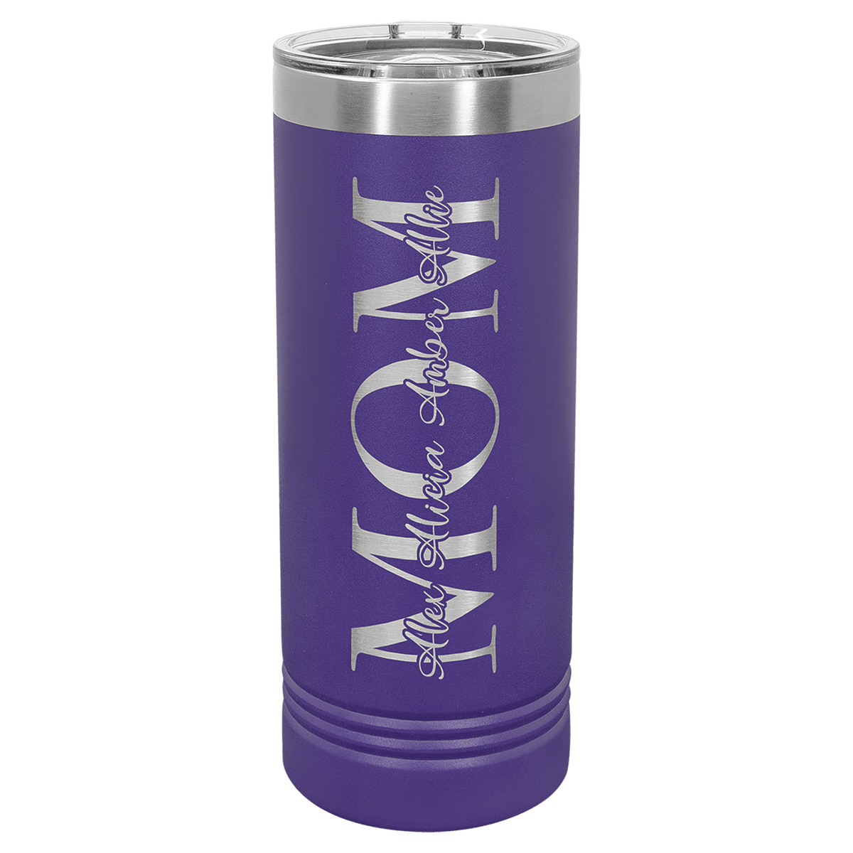Personalized 22 oz insulated skinny tumbler with slider lid in purple