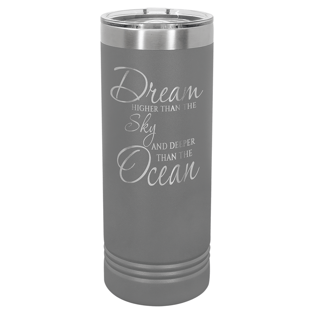 Personalized 22 oz insulated skinny tumbler with slider lid in dark gray