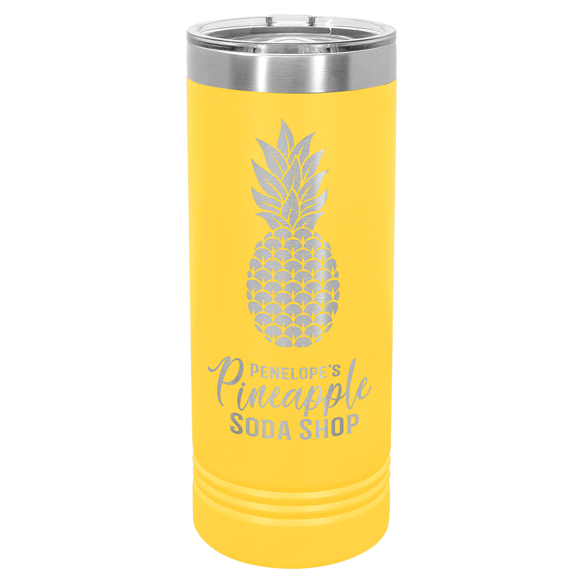 Personalized 22 oz insulated skinny tumbler with slider lid in yellow
