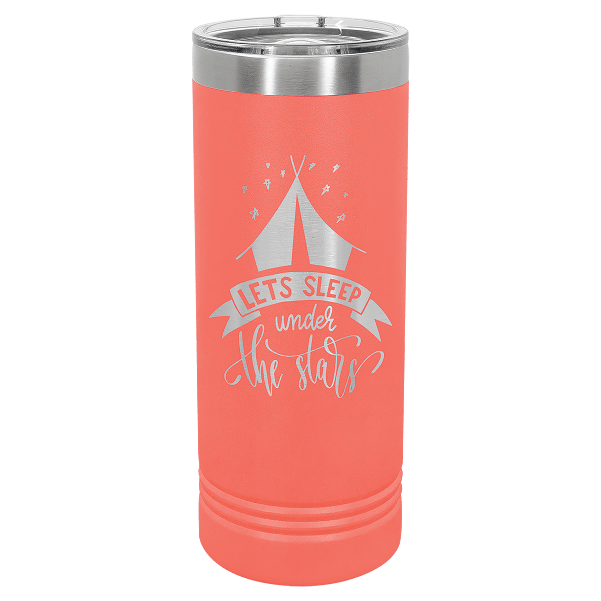 Personalized 22 oz insulated skinny tumbler with slider lid in coral