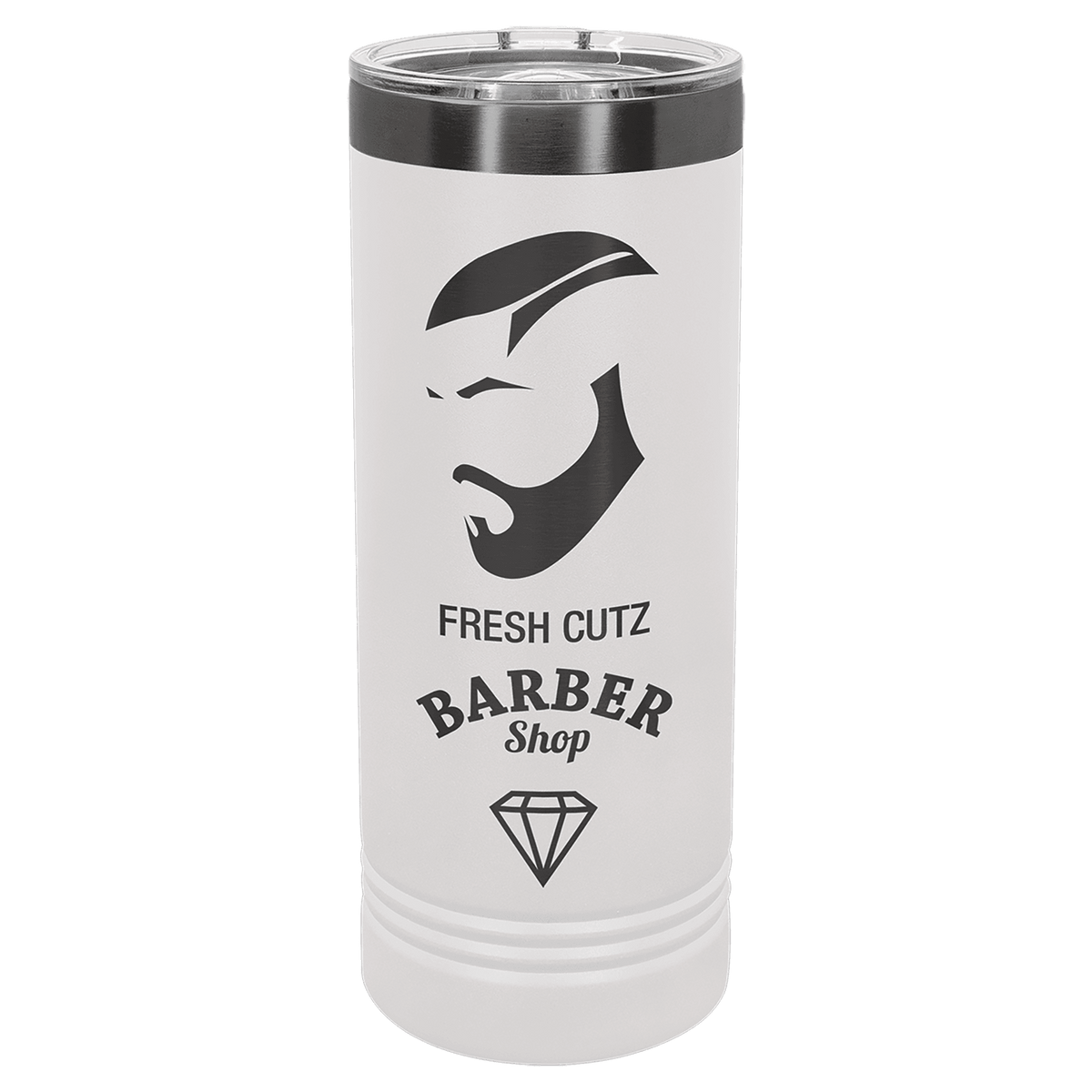 Personalized 22 oz. skinny tumbler in white with ghost black engraving