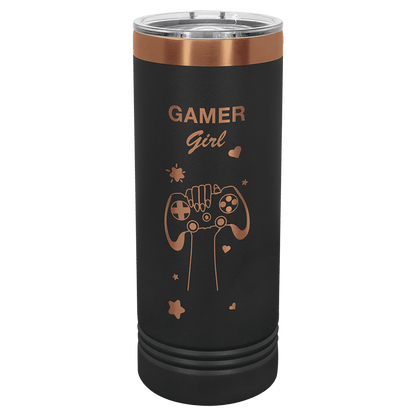 black rosegold skinny tumbler with logo