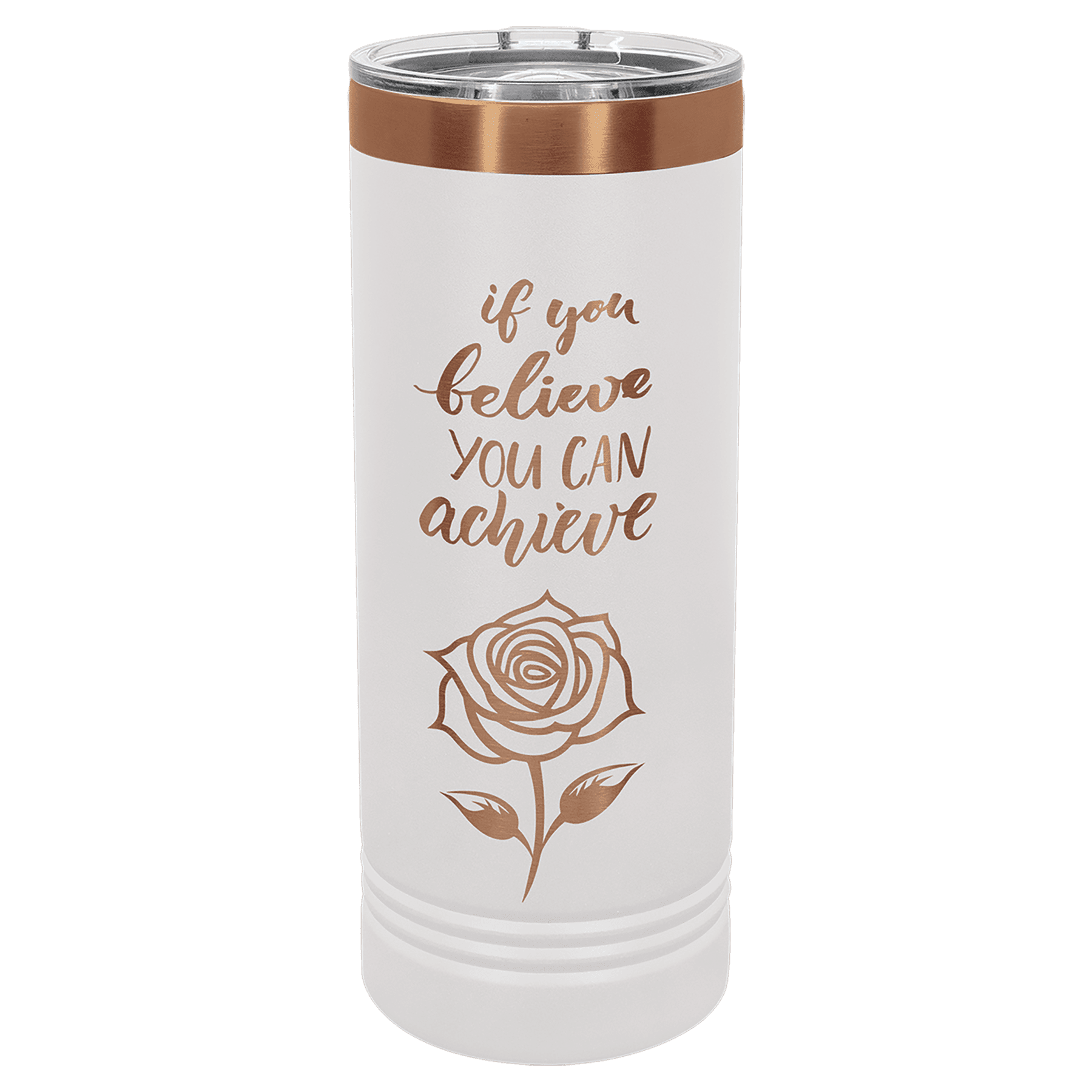 white rosegold skinny tumbler with logo