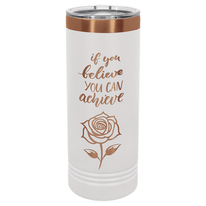 white rosegold skinny tumbler with logo