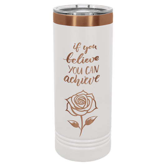 white rosegold skinny tumbler with logo