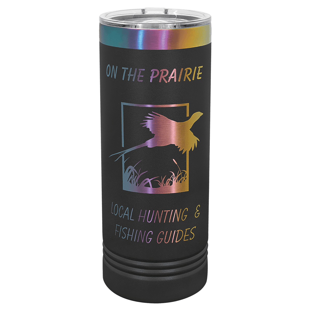 Personalized 22 oz. skinny tumbler in black with prism iridescent engraving