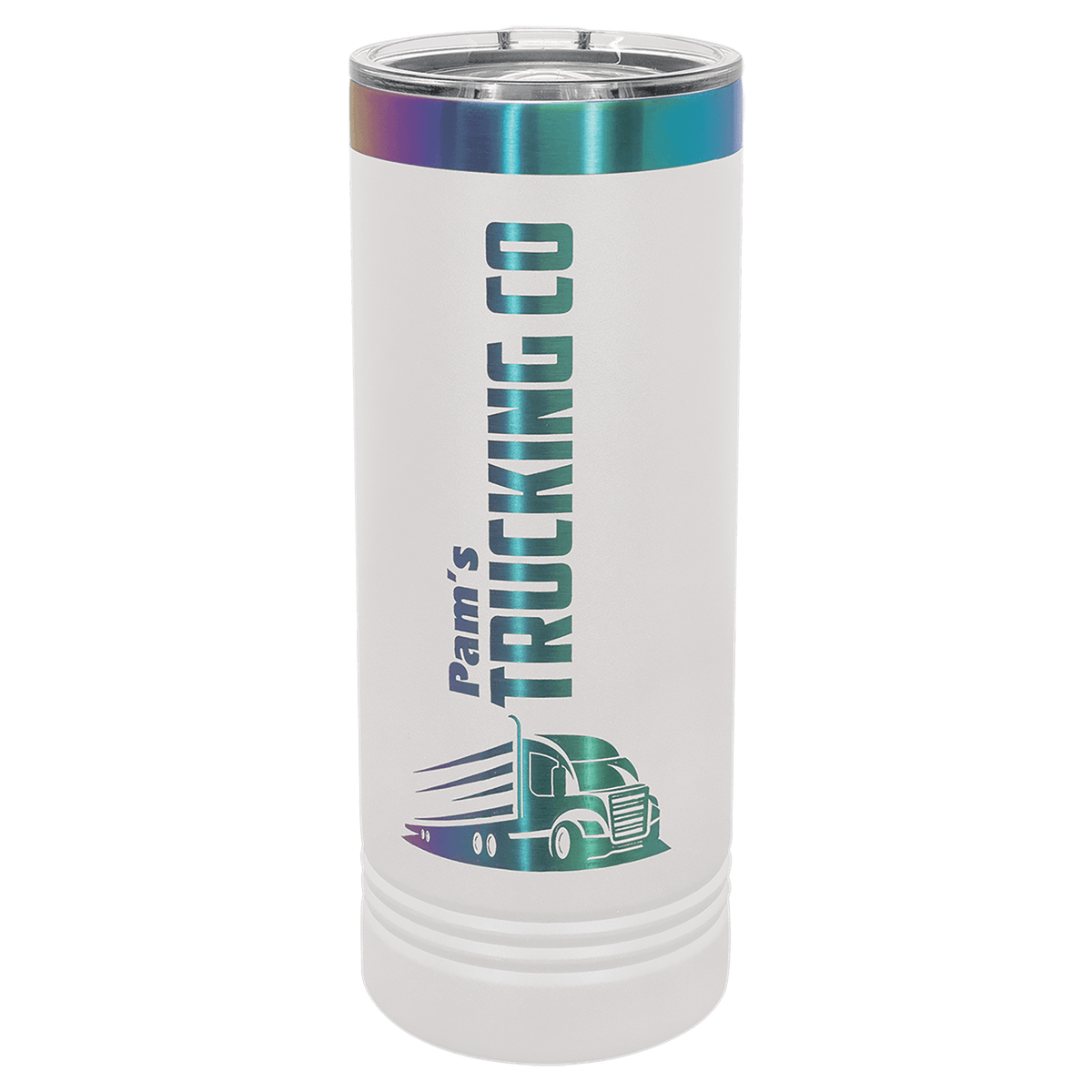 Personalized 22 oz. skinny tumbler in white with prism iridescent engraving