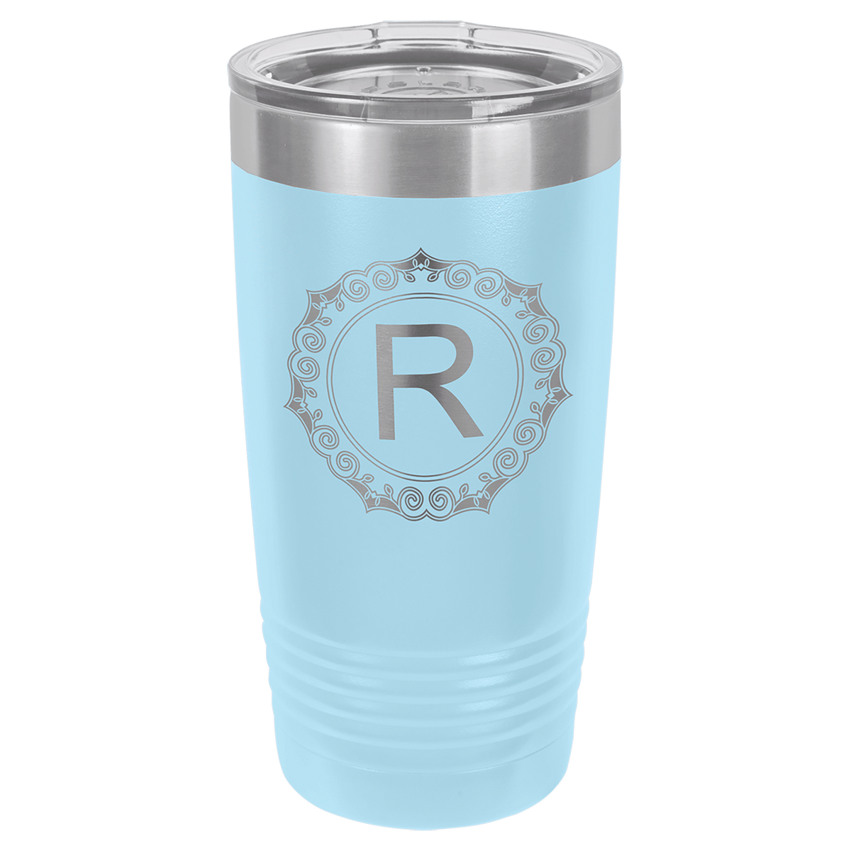 Light Blue 20 oz stainless steel ringneck tumbler with logo lid