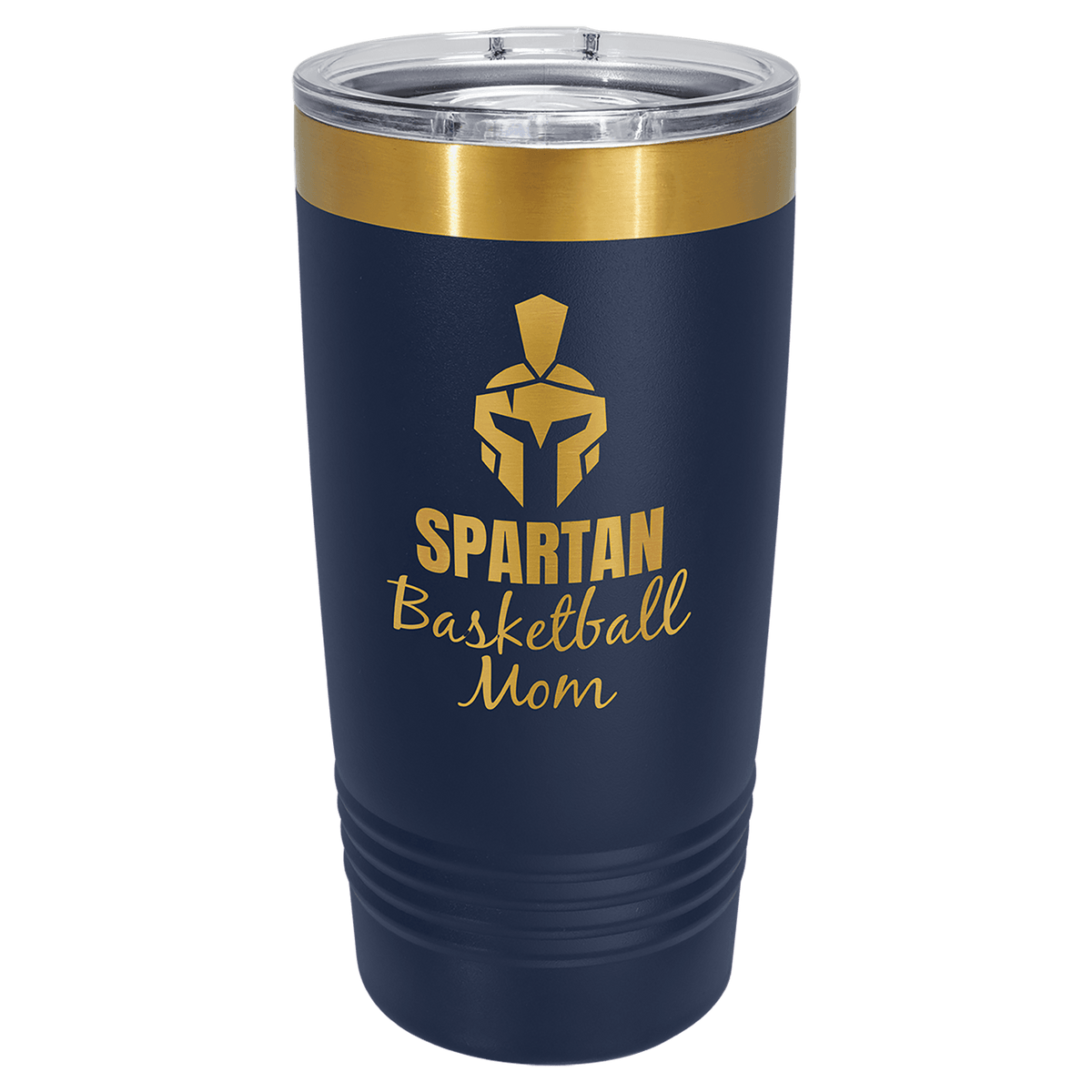 Personalized 20 oz bright gold tumbler in navy blue