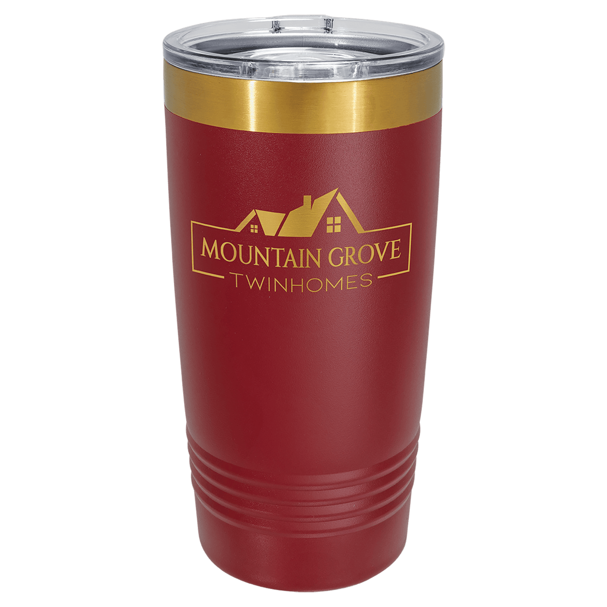 Personalized 20 oz bright gold tumbler in maroon